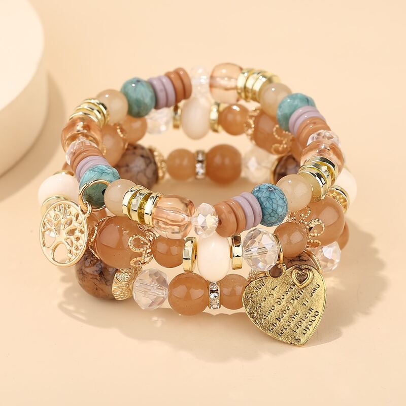 

3pcs Heart Charm Beaded Bracelet, Multicolor