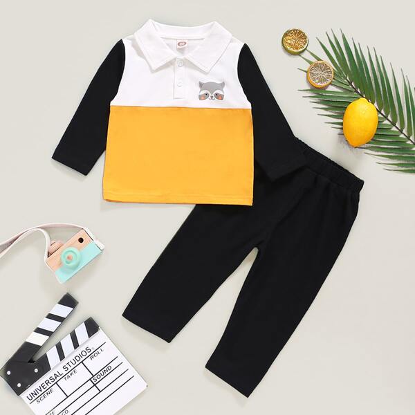 

Baby Boy Cartoon Graphic Spliced Polo Tee With Pants, Multicolor