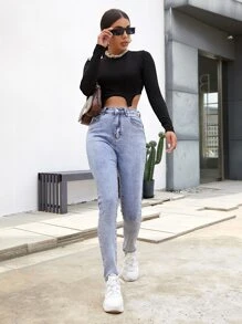 SHEIN ICON D-ring Detail Asymmetrical Hem Crop Top - Black - View 4