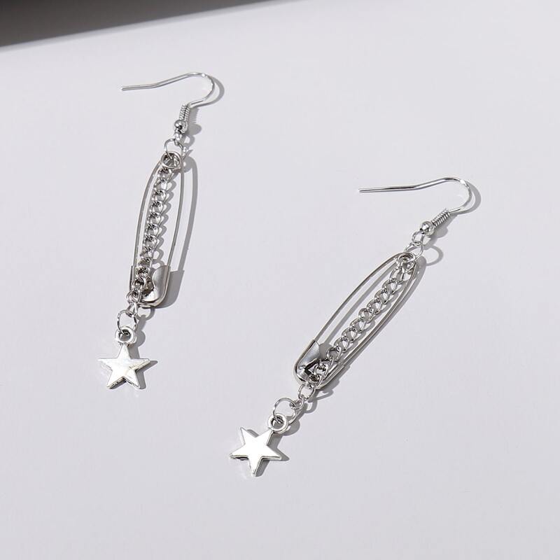 Safety Pin & Star Charm Drop Earrings, Silver