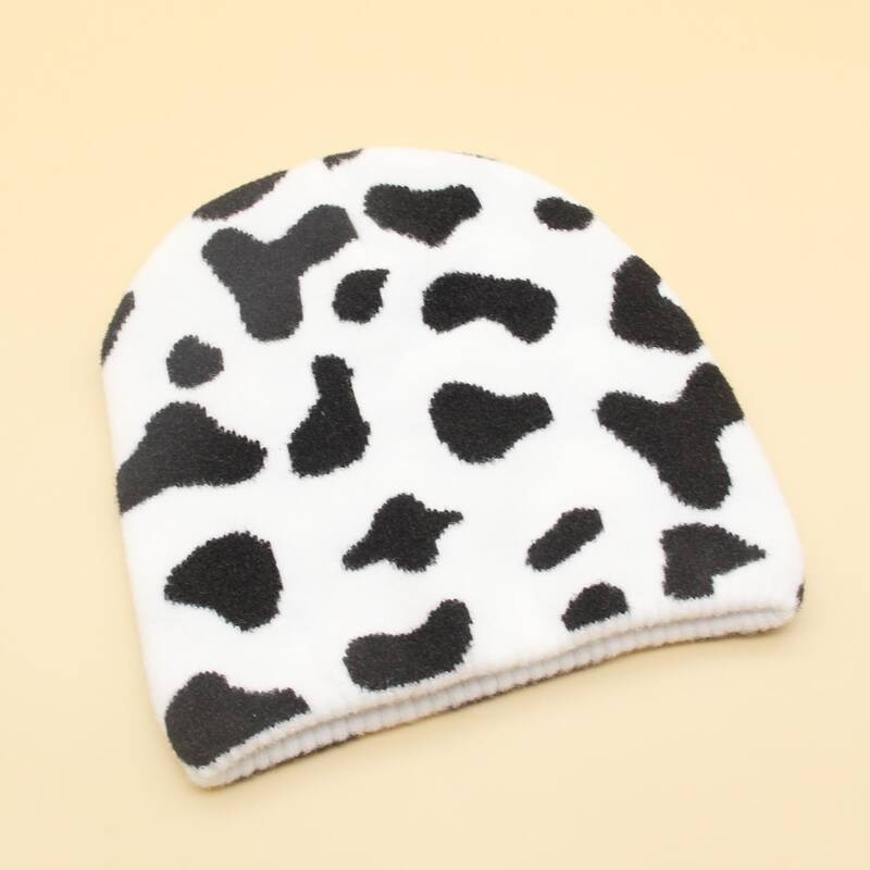

Cow Print Knitted Beanie, Black and white