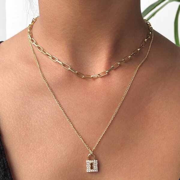 

Rhinestone Lock Layered Necklace, Gold
