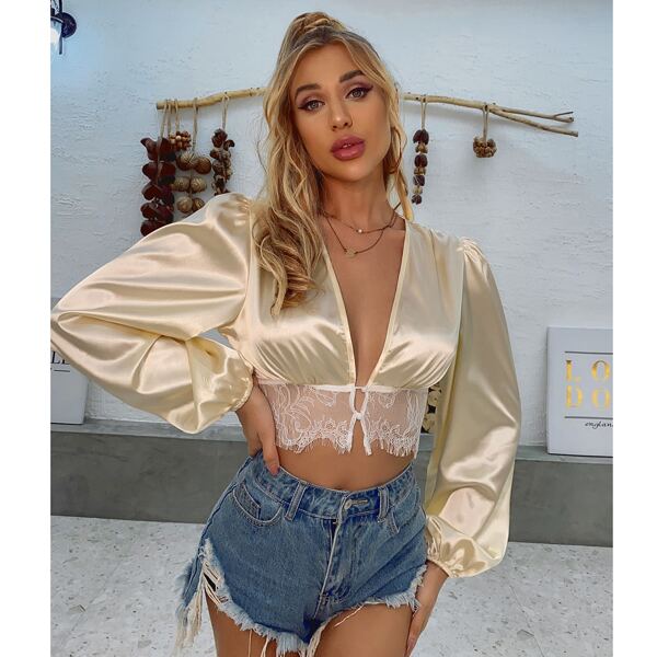 

Lace Panel Plunging Neck Satin Blouse, Apricot
