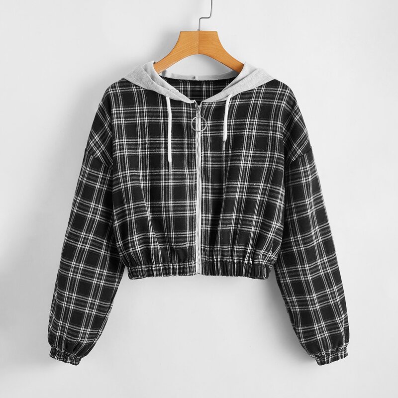 

Tartan Zip Up Drawstring Hooded Jacket, Black