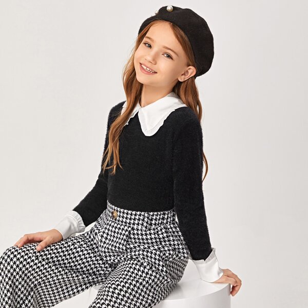 

Girls Frill Trim Contrast Collar Sweater, Black