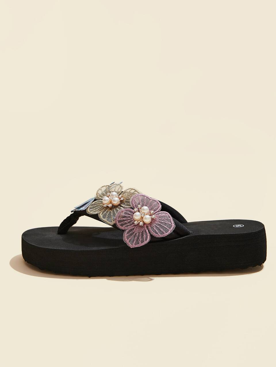 Women Faux Pearl & Butterfly Decor Flip Flops, Toe Post Slippers For Vacation,Beach Outfits
