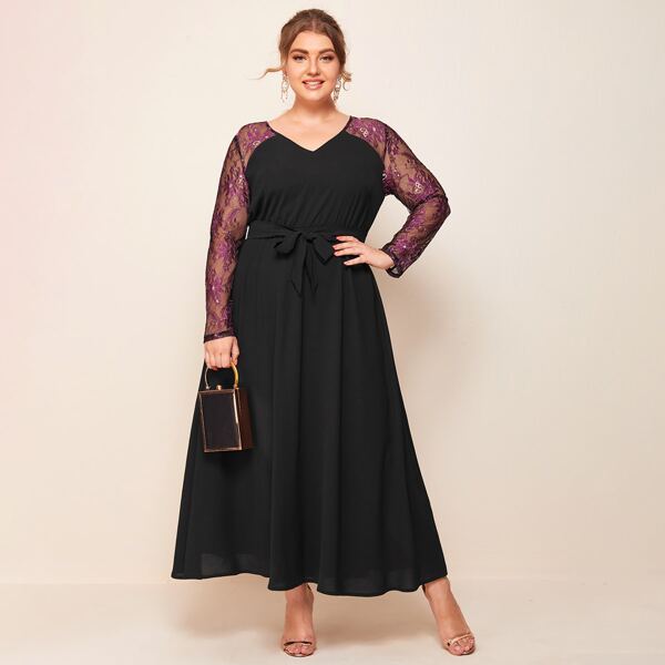 

Plus Floral Embroidery Contrast Mesh Dress, Black