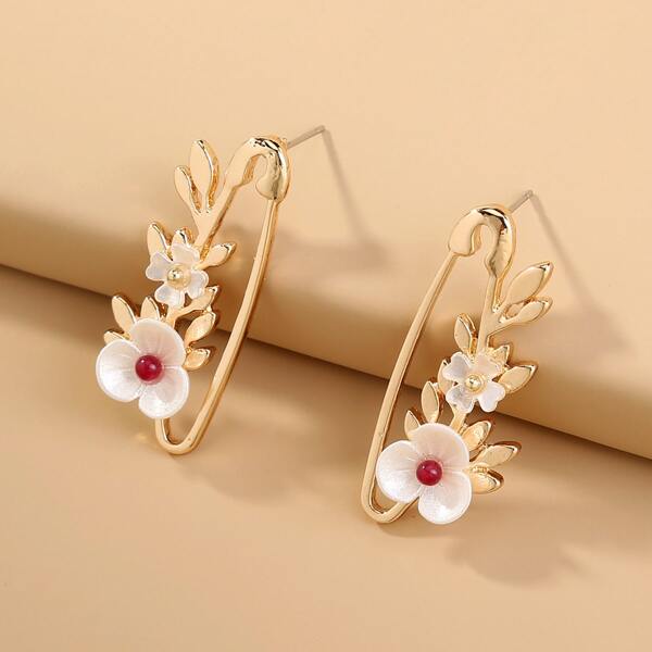 

Flower & Paper Clip Design Stud Earrings, Gold