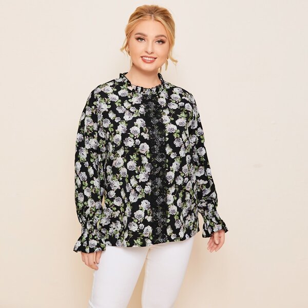 

Plus Floral Lace Panel Flounce Sleeve Blouse, Multicolor