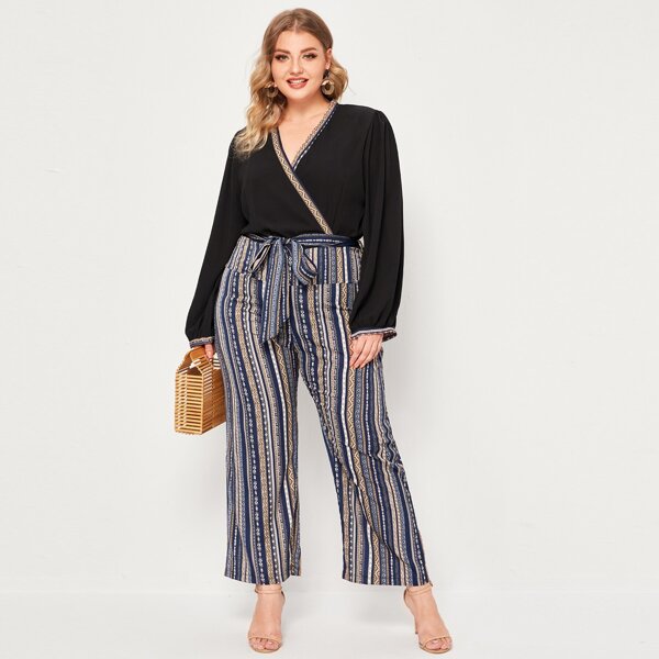 

Plus Striped Surplice Front Belted Combo Culotte Jumpsuit, Multicolor
