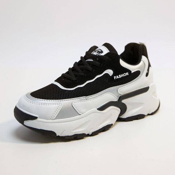 

Lace-up Front Mesh Chunky Sneakers, Black and white
