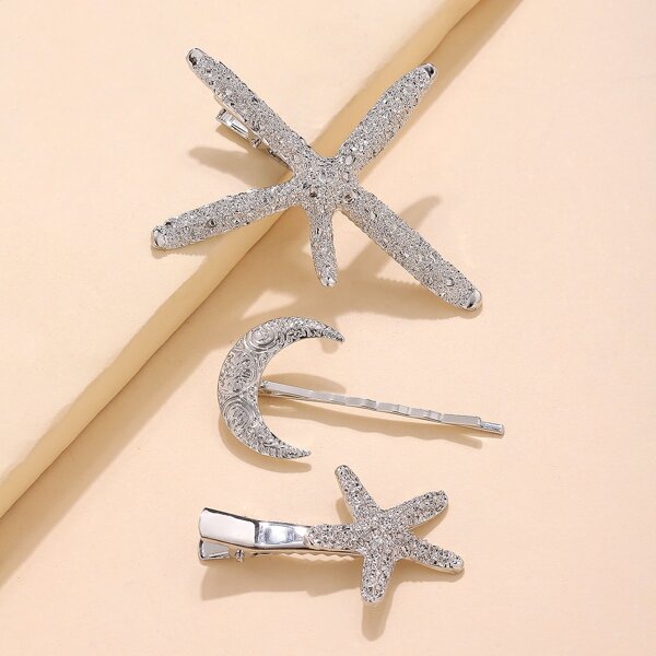 

3pcs Moon & Star Decor Hair Clip, Silver