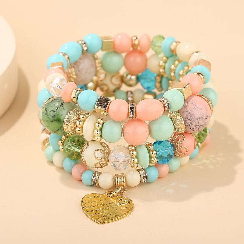 

4pcs Heart Charm Beaded Bracelet, Multicolor