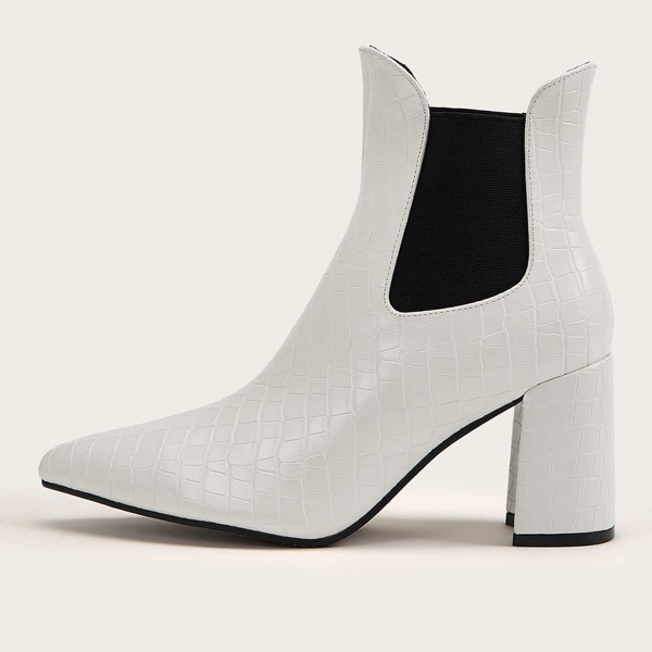 

Point Toe Croc Embossed Chunky Heeled Chelsea Boots, White