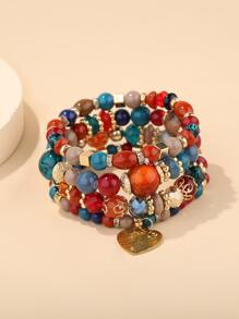4pcs Heart Charm Beaded Bracelet - Multicolor - View 2