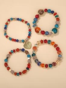 4pcs Heart Charm Beaded Bracelet - Multicolor - View 3