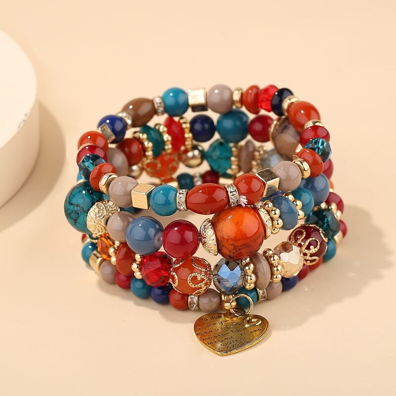 

4pcs Heart Charm Beaded Bracelet, Multicolor