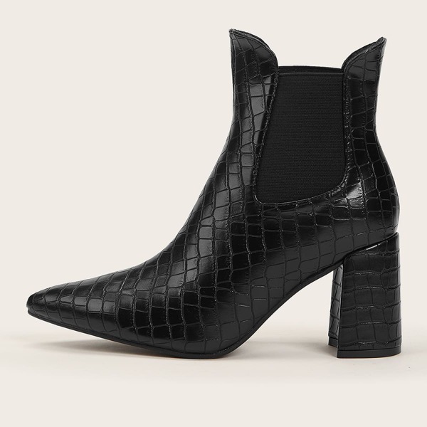 

Point Toe Croc Embossed Chunky Heeled Chelsea Boots, Black