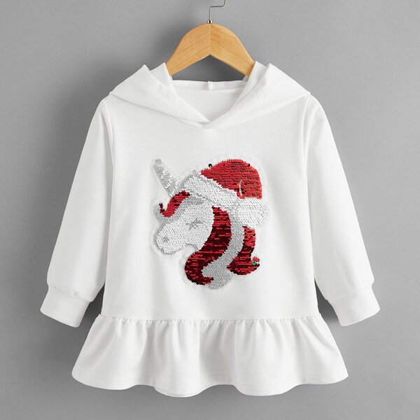 

Toddler Girls Christmas Unicorn Sequin Ruffle Hem Hoodie, White