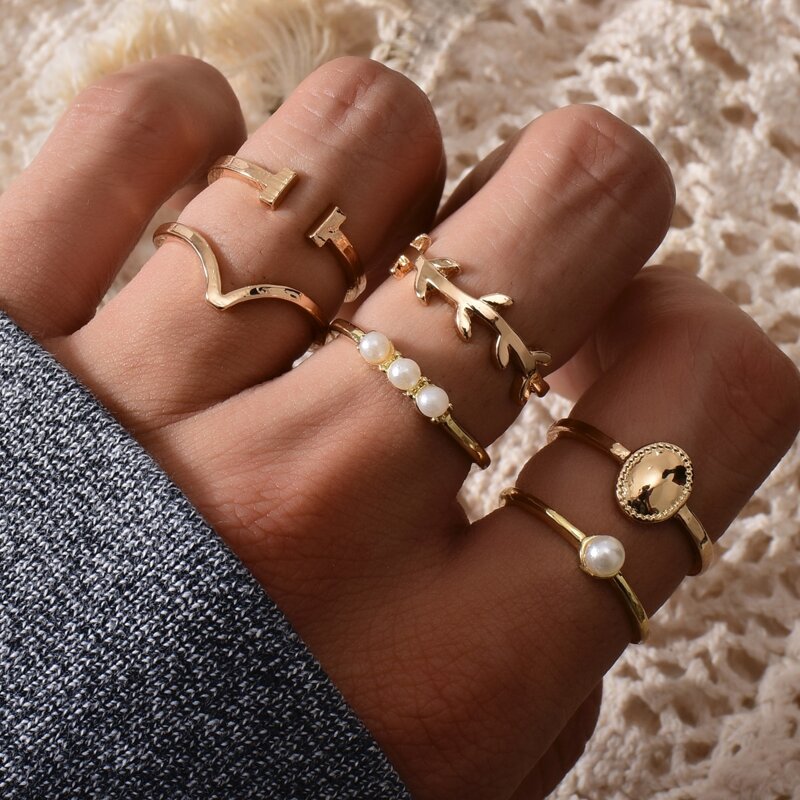 

6pcs Faux Pearl Decor Ring, Gold