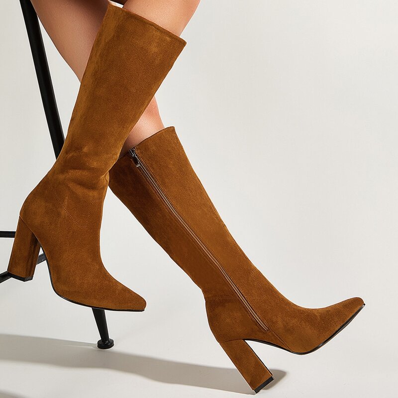 

Point Toe Chunky Heeled Knee Boots, Brown