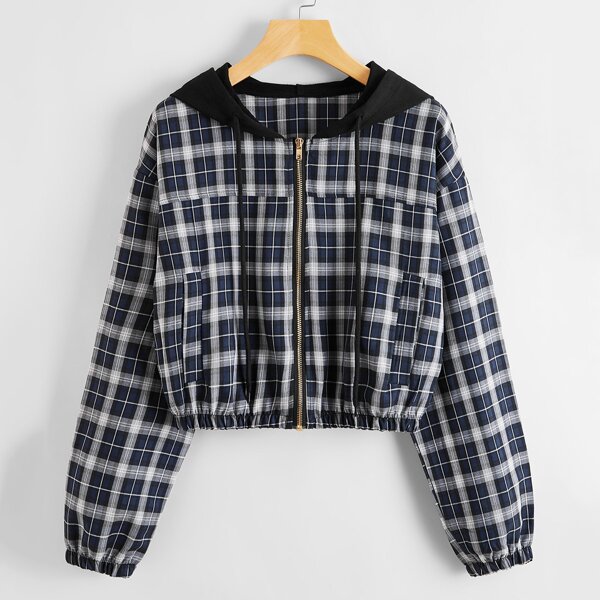 

Tartan Plaid Drawstring Hooded Jacket, Blue and white