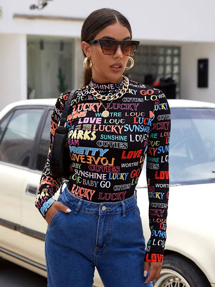 SHEIN ICON Mock Neck Letter Graphic Tee - Multicolor - View 1