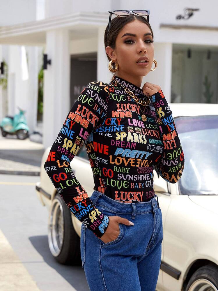 SHEIN ICON Mock Neck Letter Graphic Tee - Multicolor - View 3