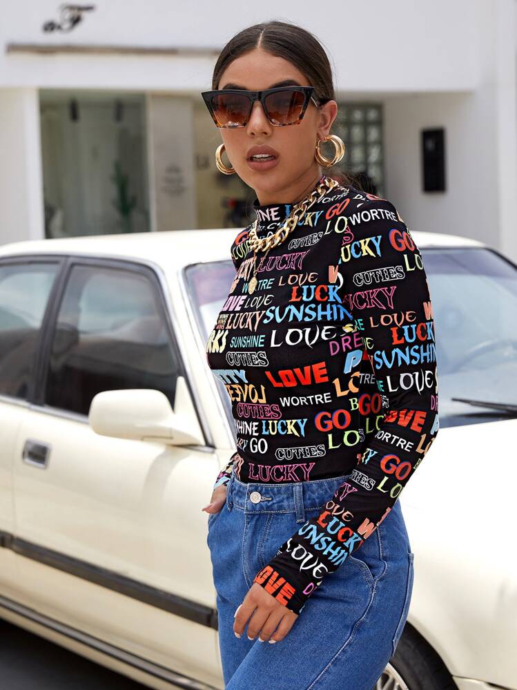 SHEIN ICON Mock Neck Letter Graphic Tee - Multicolor - View 4