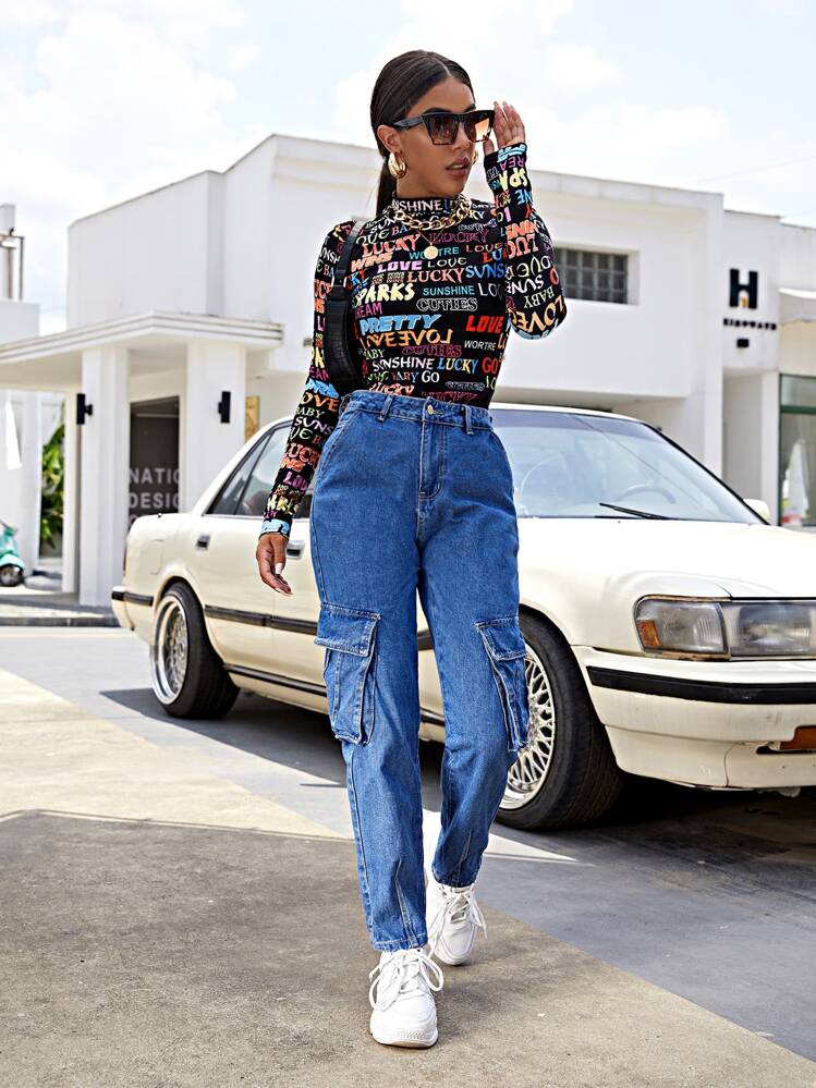 SHEIN ICON Mock Neck Letter Graphic Tee - Multicolor - View 5