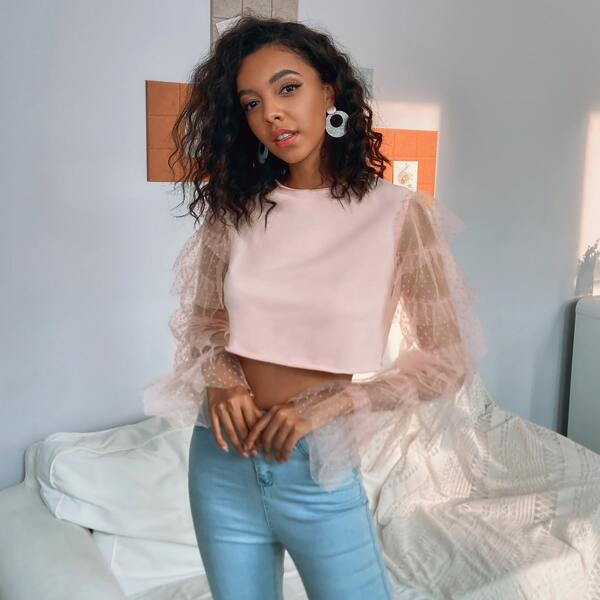 

Dobby Mesh Ruffle Trim Sleeve Crop Top, Baby pink