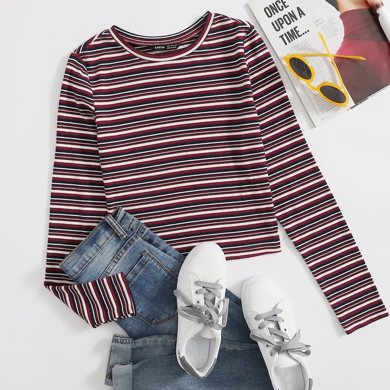 

Round Neck Striped Rib-knit Top, Multicolor