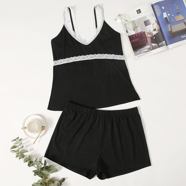 

Plus Contrast Lace Cami PJ Set, Black