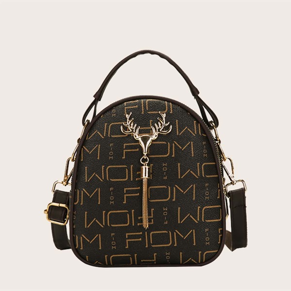 

Tassel Decor Letter Graphic Satchel Bag, Coffee brown