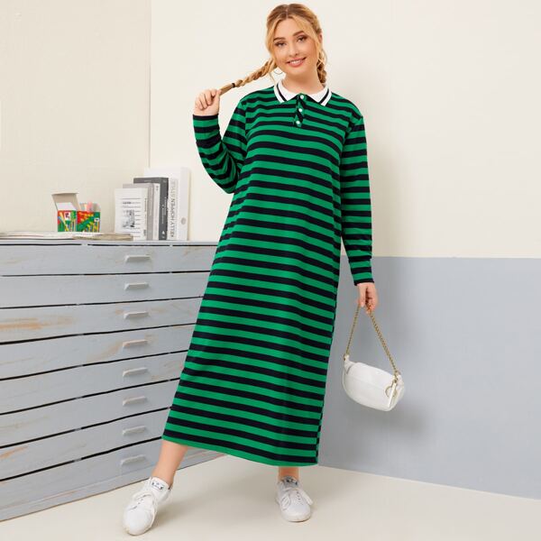 

Plus Striped Polo Neck Tee Dress, Multicolor