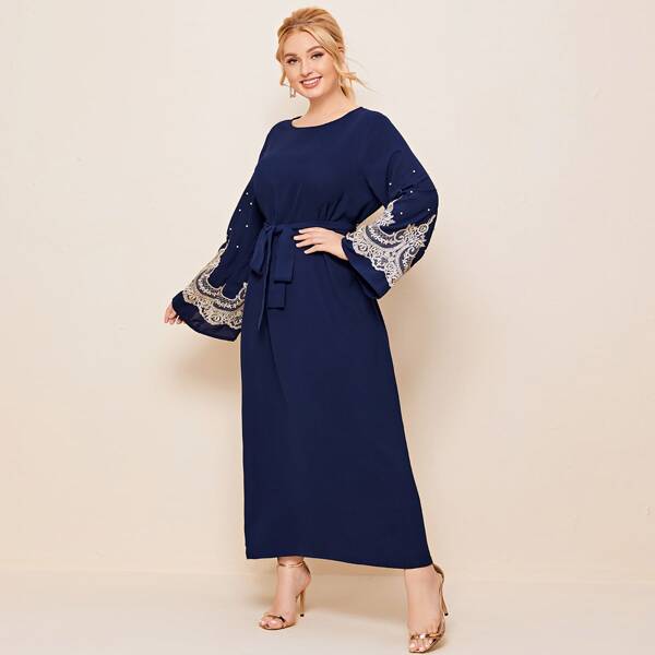 

Plus Pearls Embroidery Belted Dress, Navy blue