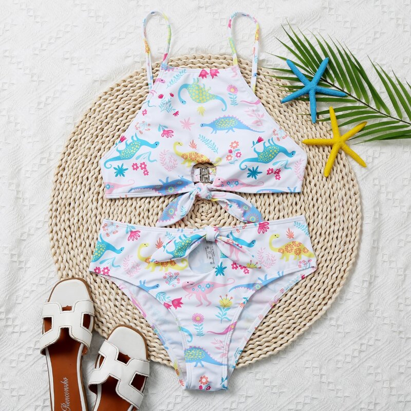 

Cartoon Dinosaur Knot Front Bikini Swimsuit, Multicolor