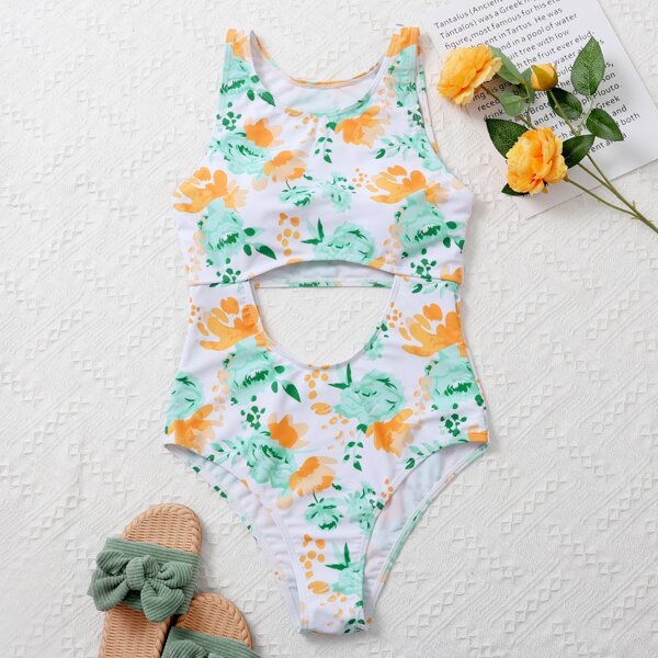 

Floral Cut-out One Piece Swimsuit, Multicolor