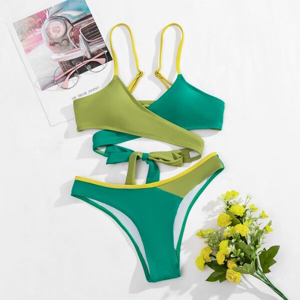 

Two Tone Cross Wrap Tie Back Bikini Swimsuit, Green