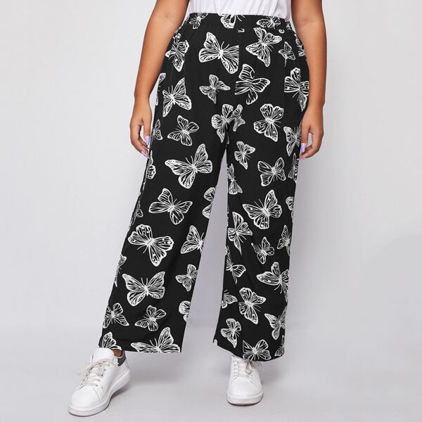 

Plus Allover Butterfly Print Wide Leg Pants, Black