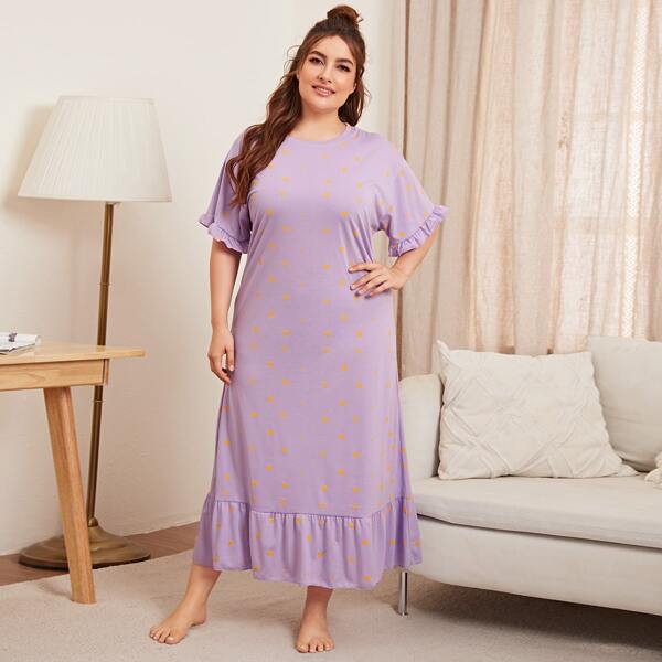 

Plus Polka Dot Flounce Sleeve Ruffle Hem Night Dress, Lilac purple