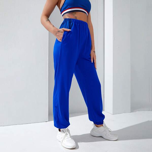 

High Waist Solid Sweatpants, Royal blue