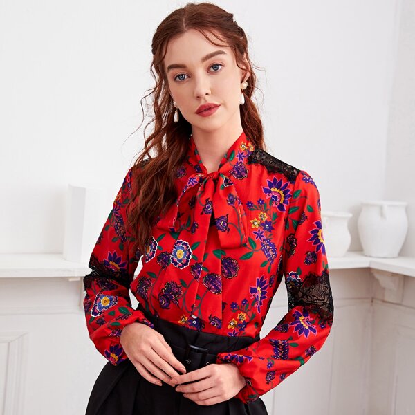 

Floral Print Tie Neck Contrast Lace Blouse, Red