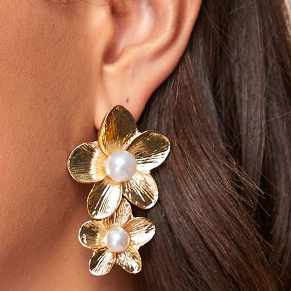 

Faux Pearl Decor Floral Drop Earrings, Gold