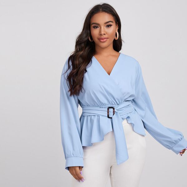 

Plus Surplice Neck Belted Peplum Top, Baby blue