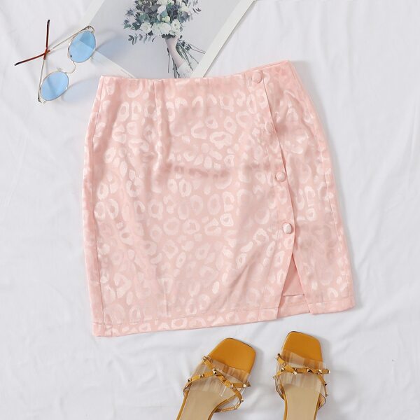 

Jacquard Split Hem Button Up Satin Skirt, Baby pink