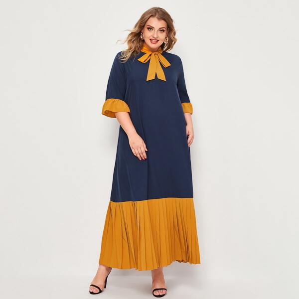 

Plus Colorblock Tie-neck Dress, Navy blue