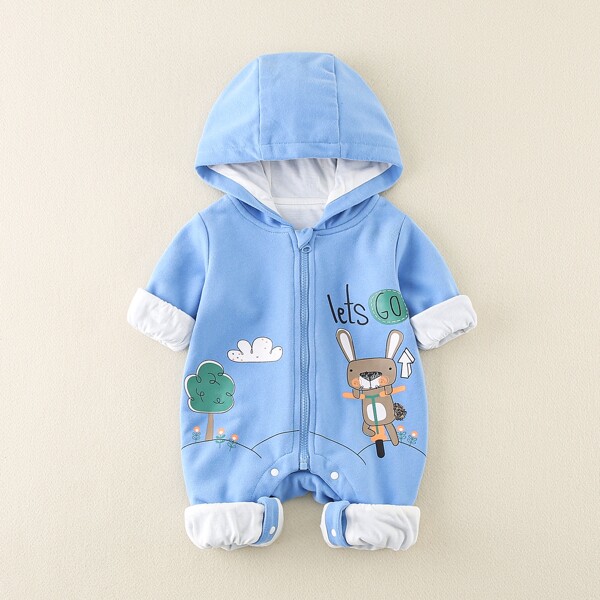 

Baby Boy Cartoon & Slogan Graphic Hooded Jumpsuit, Baby blue