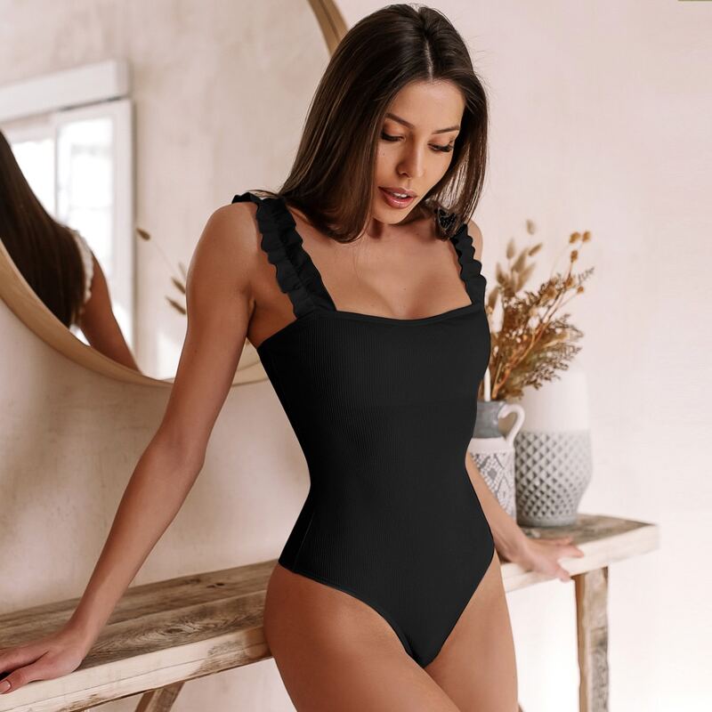 

Frill Strap Skinny Cami Bodysuit, Black