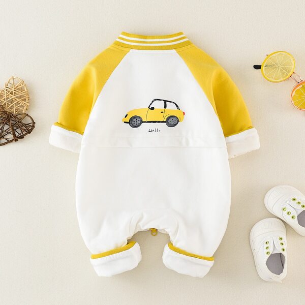 

Baby Boy Striped & Car Print Zipper Jumpsuit, White
